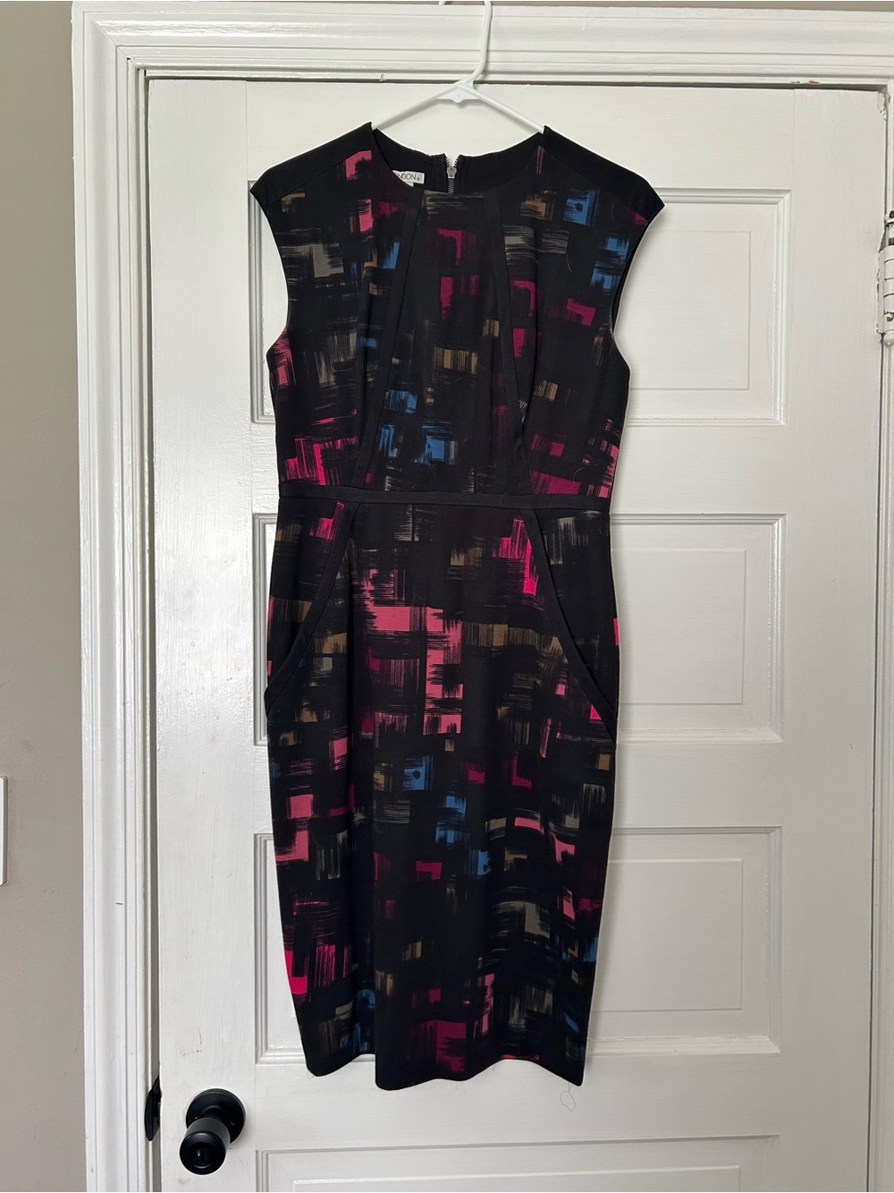 Maggy London Black Abstract Brushstroke Midi Dress with Pink & Blue Accents